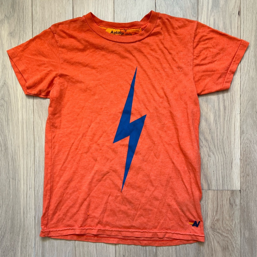 Aviator Nation Orange Tee/ Blue Lightning Bolt size 12 (XS)